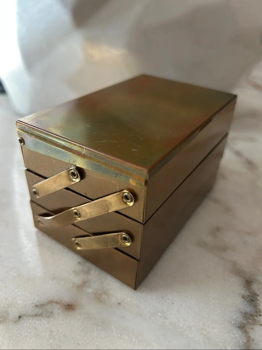 Vintage Brass & Velvet Three-Tier Jewelry Box- Mid-Century Storage Velvet Box